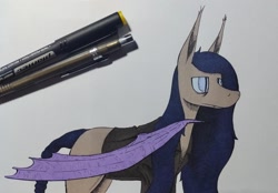 Size: 1280x892 | Tagged: safe, artist:darkhestur, derpibooru import, oc, oc only, oc:dark, bat pony, bat pony oc, braid, braided tail, clothes, fangs, jacket, leather, leather jacket, male, marker drawing, simple background, solo, stallion, standing, tail, traditional art, white background