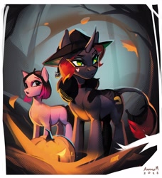 Size: 3391x3721 | Tagged: safe, artist:annna markarova, derpibooru import, oc, oc only, earth pony, pony, unicorn, autumn leaves, duo, halloween, hat, high res, holiday, jack-o-lantern, leaves, leonine tail, pumpkin, signature, tail