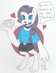 Size: 1072x1400 | Tagged: safe, artist:bageloftime, derpibooru import, rarity, diamond dog, clothes, collar, diamond, diamond dogified, female, gem, heart, raridog, shirt, skirt, solo, species swap, speech bubble, traditional art