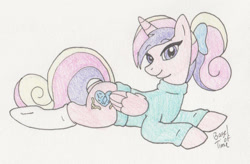 Size: 1400x918 | Tagged: safe, artist:bageloftime, derpibooru import, princess cadance, alicorn, pony, bow, clothes, female, hair bow, looking at you, lying down, ponytail, prone, socks, solo, sploot, sweater, tail, tail bow, teen princess cadance, traditional art