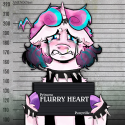 Size: 1500x1500 | Tagged: safe, artist:amendokat, derpibooru import, princess flurry heart, alicorn, pony, barbie mugshot meme, choker, clothes, crying, emo, female, hoof hold, jacket, leather, leather jacket, makeup, mare, meme, mugshot, older, older flurry heart, princess emo heart, running makeup, solo, spiked choker, spiked wristband, unshorn fetlocks, wristband