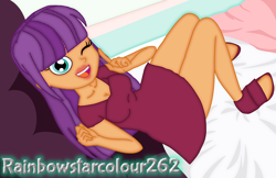 Size: 2460x1592 | Tagged: safe, artist:rainbowstarcolour262, derpibooru import, ginger owlseye, human, equestria girls, breasts, busty ginger owlseye, cleavage, clothes, cute, dress, female, legs, lipstick, looking at you, one eye closed, open mouth, open smile, open-toed shoes, owlabetes, shoes, signature, sitting, smiling, solo, wink, winking at you