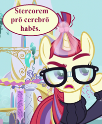 Size: 594x720 | Tagged: safe, derpibooru import, edit, edited screencap, screencap, moondancer, amending fences, canterlot, clothes, cropped, glasses, latin, moondancer is not amused, reaction image, sweater, translated in the description, unamused, vulgar