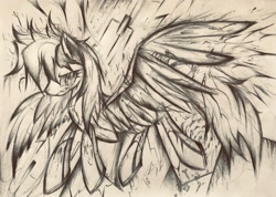 Size: 2161x1536 | Tagged: safe, artist:lydia, derpibooru import, rainbow dash, pegasus, pony, robot, robot pony, abstract, broken, crash, dark, machinery, pain, pencil drawing, rainbot dash, roboticization, sketch, spread wings, traditional art, wings