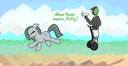 Size: 1364x710 | Tagged: safe, artist:purblehoers, derpibooru import, marble pie, oc, oc:anon, earth pony, pony, chubby, doodle, duo, exercise, fat shaming, female, mare, megaphone, running, segway, sweat, text, visor, yelling