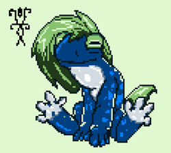 Size: 692x616 | Tagged: safe, artist:damset, derpibooru import, oc, oc only, frog, hybrid, monster pony, green background, looking at you, ms paint, pixel art, simple background, sitting, solo