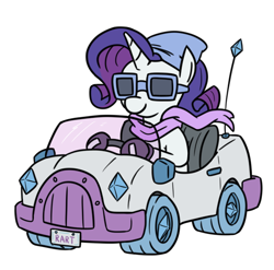 Size: 558x552 | Tagged: safe, artist:jargon scott, derpibooru import, rarity, pony, unicorn, bandana, car, clothes, driving, female, mare, scarf, simple background, smiling, solo, sunglasses, white background