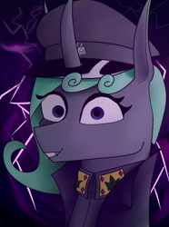 Size: 1248x1680 | Tagged: safe, artist:carolus rex, derpibooru import, oc, oc only, oc:queen aurantia, changeling, changeling queen, equestria at war mod, changeling oc, changeling queen oc, clothes, female, green mane, hat, lightning, solo, storm, uniform