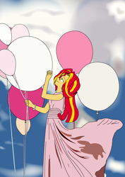 Size: 596x842 | Tagged: safe, artist:hakdurbin, derpibooru import, sunset shimmer, equestria girls, balloon, clothes, dress, sky background, solo