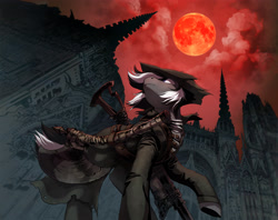 Size: 3508x2784 | Tagged: safe, derpibooru import, oc, oc only, oc:kenn, earth pony, pony, blood moon, bloodborne, gun, low angle, moon, red sky, solo, weapon