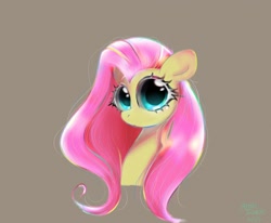 Size: 2048x1690 | Tagged: safe, artist:petaltwinkle, derpibooru import, fluttershy, pegasus, pony, big eyes, blushing, brown background, bust, ear blush, female, frown, looking at you, mare, signature, simple background, solo, staring into your soul