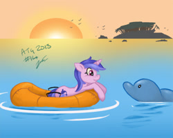 Size: 500x400 | Tagged: safe, artist:neriad, derpibooru import, sea swirl, seafoam, dolphin, pony, unicorn, atg 2013, duo, inflatable raft, island, looking at each other, looking at someone, newbie artist training grounds, sunset, water