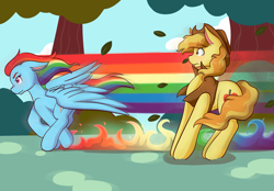 Size: 2048x1423 | Tagged: safe, artist:mscolorsplash, derpibooru import, braeburn, rainbow dash, earth pony, pegasus, pony, duo, duo male and female, ears back, female, male, mare, running, spread wings, stallion, windswept mane, wings