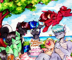 Size: 3152x2630 | Tagged: safe, artist:liaaqila, derpibooru import, oc, oc only, oc:jimpy, oc:lightflare, oc:lum, oc:nightward, oc:red treasure, oc:teddy, oc:tenerius, anthro, earth pony, pegasus, pony, unicorn, cake, celebration, food, tree, water