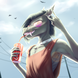 Size: 2000x2000 | Tagged: safe, artist:dementra369, derpibooru import, oc, oc only, oc:ruby drop, anthro, accessory, claws, coca-cola, fangs, piercing, solo, sunglasses