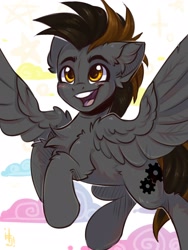 Size: 1200x1600 | Tagged: safe, artist:falafeljake, derpibooru import, oc, oc only, pegasus, pony, chest fluff, commission, ear fluff, ears, eyebrows, happy, looking at you, male, open mouth, open smile, pegasus oc, signature, smiling, smiling at you, solo, spread wings, stallion, wings