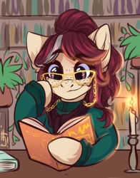 Size: 1100x1402 | Tagged: safe, artist:falafeljake, derpibooru import, oc, oc only, pony, book, bookshelf, candle, clothes, commission, eye clipping through hair, eyebrows, eyebrows visible through hair, female, freckles, glasses, mare, reading, signature, smiling, solo