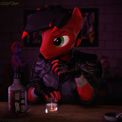 Size: 2160x2160 | Tagged: safe, artist:fireemerald123, derpibooru import, oc, oc only, oc:page feather, anthro, 3d, alcohol, ashtray, cigarette, clothes, jacket, leather, leather jacket, male, source filmmaker, trenchcoat, voidpunk, watermark