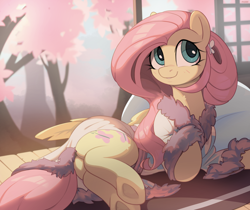Size: 4000x3358 | Tagged: safe, artist:nookprint, derpibooru import, fluttershy, pegasus, pony, alternate hairstyle, bathrobe, butterfly hairpin, cherry blossoms, clothes, cute, daaaaaaaaaaaw, female, flower, flower blossom, looking at you, lying down, mare, on side, pillow, robe, shyabetes, smiling, smiling at you, solo, underhoof