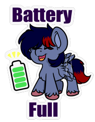 Size: 844x1078 | Tagged: safe, alternate version, artist:rokosmith26, derpibooru import, oc, oc only, oc:dawn chaser, pegasus, pony, alternate character, battery, chest fluff, chibi, colored hooves, commission, cute, digital art, eyes closed, flapping wings, happy, male, open mouth, pegasus oc, simple background, social battery, solo, stallion, standing, tail, text, transparent background, two toned mane, two toned tail, wings, ych result, your character here