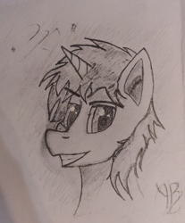 Size: 3255x3937 | Tagged: safe, artist:audio_bass, derpibooru import, pony, unicorn, bust, grayscale, magic, magic aura, male, monochrome, pencil drawing, portrait, simple background, solo, stallion, teeth, traditional art, unnamed character, white background