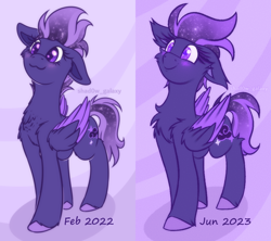 Size: 1152x1024 | Tagged: safe, artist:shad0w-galaxy, derpibooru import, oc, oc only, oc:shadow galaxy, pegasus, pony, blushing, cheek fluff, chest fluff, cute, ear fluff, ears, ethereal mane, floppy ears, fluffy, folded wings, hooves, pegasus oc, redraw, simple background, smiling, solo, starry mane, starry tail, style comparison, tail, unshorn fetlocks, wing fluff, wings