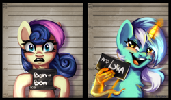 Size: 3035x1774 | Tagged: safe, artist:pozya1007, derpibooru import, bon bon, lyra heartstrings, sweetie drops, earth pony, pony, unicorn, barbie mugshot meme, duo, female, glowing, glowing horn, hand, horn, l.u.l.s., lesbian, looking at you, lyrabon, magic, magic hands, meme, mugshot, shipping, smiling, that pony sure does love hands