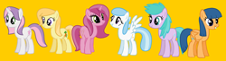 Size: 1838x497 | Tagged: safe, artist:frozengembases, artist:sillylittleprincess, derpibooru import, cotton cloudy, first base, noi, ruby pinch, sweetie belle, earth pony, pegasus, pony, unicorn, g4, adorabase, alternate mane six, aura (g4), aurabetes, bad hair, bad hair day, base used, cottonbetes, cute, diasweetes, female, mare, noiabetes, older, older aura (g4), older cotton cloudy, older first base, older noi, older ruby pinch, older sweetie belle, pegasus first base, pinchybetes, race swap, rule 63, simple background, smiling, yellow background