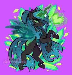 Size: 1955x2048 | Tagged: safe, artist:necromeowncer, derpibooru import, queen chrysalis, changeling, crystal, crystal heart, fangs, glowing, glowing horn, hair bun, horn, lidded eyes, looking at you, open mouth, purple background, rearing, simple background, solo, spread wings, wings