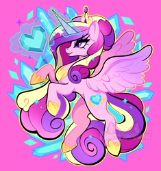 Size: 1929x2048 | Tagged: safe, artist:necromeowncer, derpibooru import, princess cadance, pony, crystal, crystal heart, glowing, glowing horn, hair bun, horn, jewelry, lidded eyes, looking forward, open mouth, pink background, rearing, regalia, simple background, solo, spread wings, wings