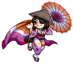 Size: 2652x2377 | Tagged: safe, artist:malinraf1615, derpibooru import, oc, oc only, oc:ohasu, human, asian conical hat, chibi, clothes, commission, eye scar, eyepatch, face paint, facial scar, female, hat, humanized, humanized oc, japanese, kimono (clothing), lesbian pride flag, pride, pride flag, pride month, sandals, scar, simple background, socks, solo, straw hat, tail, tailed humanization, transparent background, umbrella, ych result