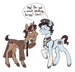 Size: 2048x1968 | Tagged: safe, artist:arrgh-whatever, derpibooru import, earth pony, pony, unicorn, clothes, coat, darkside detective, detective, duo, francis mcqueen, hat, necktie, patrick dooley, ponified, simple background, species swap, speech bubble, white background