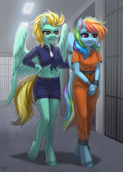 Size: 2500x3468 | Tagged: safe, artist:hakaina, derpibooru import, lightning dust, rainbow dash, anthro, unguligrade anthro, belly button, bound wings, clothes, commissioner:rainbowdash69, cuffs, duo, duo female, female, front knot midriff, jumpsuit, midriff, never doubt rainbowdash69's involvement, officer ld, police, police officer, police uniform, prison outfit, prisoner, prisoner rd, sad, shackles, shirt, wing cuffs, wings