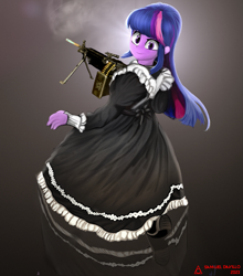 Size: 1321x1500 | Tagged: safe, artist:samueldavillo, derpibooru import, twilight sparkle, human, equestria girls, clothes, gun, looking at you, m249, machine gun, maid, maidlight sparkle, reflection, weapon