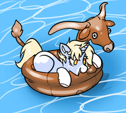 Size: 3141x2802 | Tagged: safe, artist:opalacorn, derpibooru import, oc, oc only, oc:nootaz, pony, unicorn, commission, female, floaty, inner tube, lying down, mare, open mouth, open smile, pool toy, prone, smiling, solo, sunglasses, water, ych result