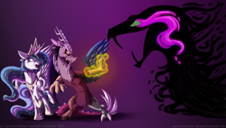 Size: 3000x1700 | Tagged: safe, artist:inuhoshi-to-darkpen, derpibooru import, idw, discord, king sombra, princess celestia, alicorn, draconequus, pony, snake, umbrum, reflections, 2013, apep, artifact, context in description, egyptian mythology, ethereal mane, female, magic, male, mare, mirror universe, monster, purple background, ra, ra celestia, set (god), shadow creature, simple background, sombra eyes, sun god, trio