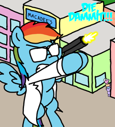 Size: 3023x3351 | Tagged: safe, artist:professorventurer, derpibooru import, rainbow dash, oc, pegasus, pony, unicorn, fanfic:rainbow factory, series:ask pippamena, fanfic art, gunshot, rainbow factory dash, shot, solo focus, vulgar