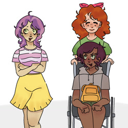 Size: 1280x1280 | Tagged: safe, artist:ghostbbee, derpibooru import, apple bloom, scootaloo, sweetie belle, human, clothes, cutie mark crusaders, dark skin, disabled, female, freckles, humanized, simple background, skirt, smiling, trio, wheelchair, white background