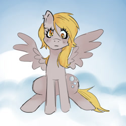 Size: 1280x1280 | Tagged: safe, artist:ghostbbee, derpibooru import, derpy hooves, pegasus, pony, cloud, sitting, solo, spread wings, wings