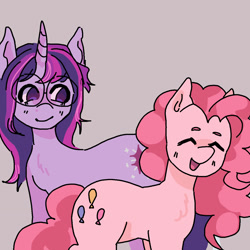 Size: 1280x1280 | Tagged: safe, artist:ghostbbee, derpibooru import, pinkie pie, twilight sparkle, unicorn twilight, earth pony, pony, unicorn, duo, eyes closed, female, glasses, lesbian, mare, shipping, simple background, smiling, twinkie