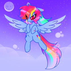 Size: 1354x1354 | Tagged: safe, artist:cutiesparke, derpibooru import, rainbow dash, pegasus, pony, alternate design, alternate hairstyle, alternate universe, angry, annoyed, belly fluff, chest fluff, cloud, ethereal mane, female, flying, moon, saturated, snorting, solo, spread wings, starry mane, starry sky, starry tail, tail, wings