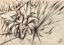 Size: 3732x2646 | Tagged: safe, artist:lydia, derpibooru import, oc, oc:painting broken, pony, female, monochrome, pencil drawing, running, shocked, traditional art