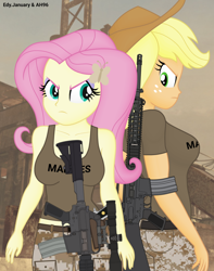 Size: 1080x1373 | Tagged: safe, artist:ah96, artist:edy_january, derpibooru import, editor:ah96, applejack, fluttershy, human, equestria girls, applerack, appleshy, assault rifle, breasts, call of duty, call of duty: modern warfare 2, clothes, duo, duo female, female, gun, handgun, hootershy, lesbian, m16, m16a4, m1911, m4a1, marine, marines, military, military uniform, pistol, rifle, shipping, soldier, soldiers, solo, uniform, wallpaper, weapon