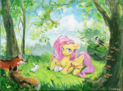 Size: 1280x954 | Tagged: safe, artist:laymy, derpibooru import, fluttershy, bird, fox, pegasus, pony, rabbit, acrylic painting, animal, canvas, ears, female, floppy ears, forest, lying down, mare, prone, smiling, solo, texture, traditional art