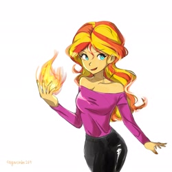 Size: 2048x2048 | Tagged: safe, artist:sugarcube269, derpibooru import, sunset shimmer, human, equestria girls, female, fire, high res, simple background, solo, white background