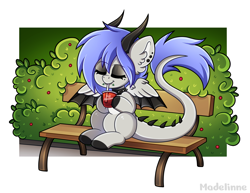 Size: 4309x3331 | Tagged: safe, artist:madelinne, derpibooru import, oc, oc only, oc:melody silver, dracony, dragon, hybrid, bench, chibi, collar, drinking, hybrid wings, leaves, sitting, solo, straw, wings