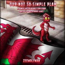 Size: 1000x1000 | Tagged: safe, artist:spacecat-studios, derpibooru import, oc, oc only, dragon, fanfic, fanfic art, fanfic cover, flag, northern europe, scared, solo, street, trash, wales