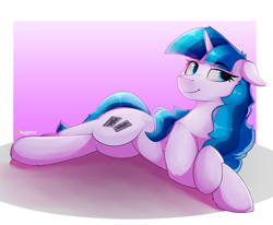 Size: 3324x2740 | Tagged: safe, artist:renderpoint, derpibooru import, oc, oc only, oc:absolvia, pony, unicorn, female, gradient background, looking sideways, lying down, mare, prone, smiling, solo