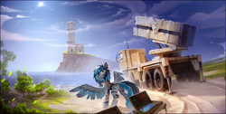 Size: 4391x2208 | Tagged: safe, artist:ramiras, derpibooru import, oc, oc:rainshadow, pegasus, pony, lighthouse, rocket launcher, solo, weapon