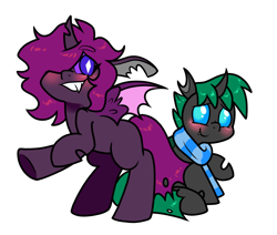 Size: 1300x1100 | Tagged: safe, artist:paperbagpony, derpibooru import, oc, oc only, oc:chirp, oc:pantera, changeling, blushing, changeling oc, clothes, green changeling, purple changeling, scarf, simple background, white background